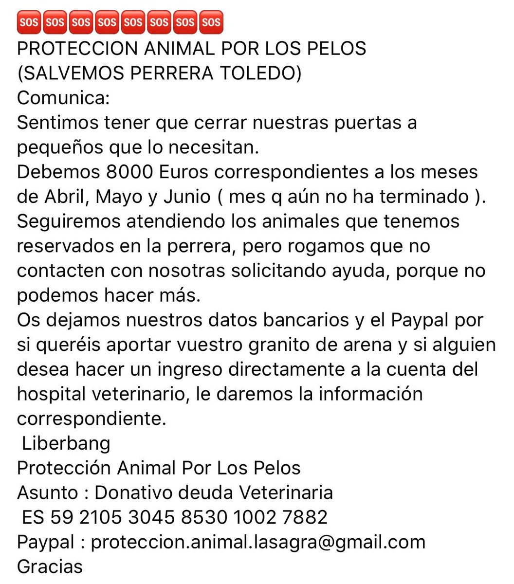 PerreraToledo's tweet photo. 🆘🆘🆘Nos encontramos en una situación desesperada y no podemos encargarnos de casos nuevos. Debemos mucho dinero y no llegamos a más. En cuanto nos recuperemos podremos continuar con nuestra labor. Si alguien puede ayudar estaremos muy agradecidas. Gracias 🙏 https://t.co/VviS86oNge