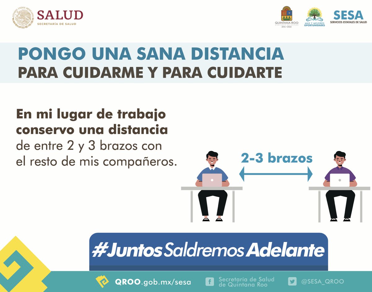 semujeresqroo's tweet image. 👉 En mi lugar de trabajo conservo una distancia de entre 2 y 3 brazos con el resto de mis compañeros.
#GuardaSanaDistancia 
 #JuntosSaldremosAdelante🙌
@CarlosJoaquin