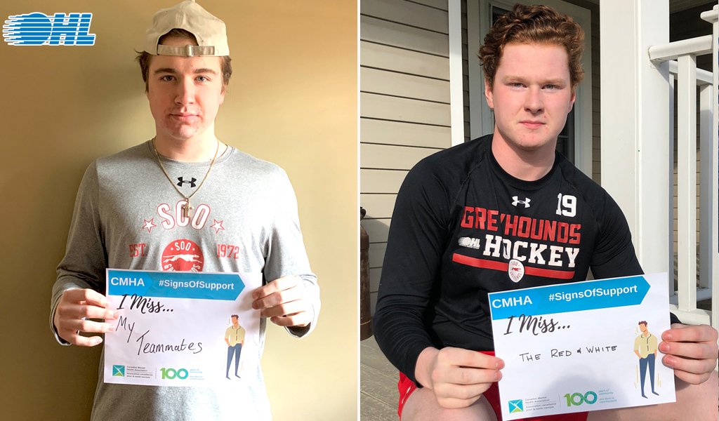 OHLHockey's tweet photo. Getting our Monday morning started with more @CMHAOntario #SignsOfSupport from @OHLHoundPower duo Rory Kerins (@kerinssy23) and Joe Carroll (@joe_carroll19) who are both looking forward to hitting the ice as a team again 🔴⚪ https://t.co/apWFySs8Sm