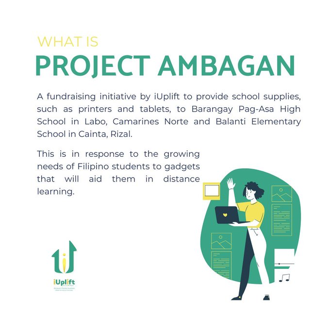 SBU_NursingSC's tweet photo. AMBAGAN TAYO

Bawat ambag, mahalaga.

#ProjectAmbagan is a fundraising initiative for the distance learning needs of students from Brgy. Pag-Asa High School in Camarines Norte and Balanti Elementary School in Rizal.

#iUplift because every Filipino student deserves equal access. https://t.co/KaDuDdPVFw
