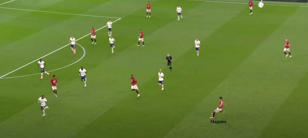 -allows Maguire to carry ball too farPogba & Bruno pick up advanced dangerous positions instead of needing to build playoccupies Spurs' midfieldersforwards (Rashford then Martial for chance) find space between Spurs' back 4 sagging towards goal & the occupied Spurs midfield