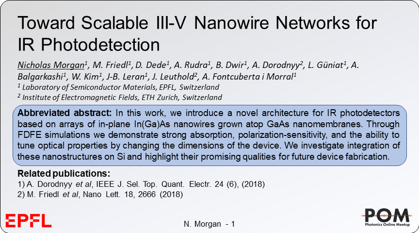 NickForScience's tweet image. We present a new IR photodetector architecture based on arrays of raised, horizontal InGaAs nanowires. Through modeling we demonstrate strong and tunable absorption, and present a path toward integration on CMOS-compatible Si substrates. @PhotonicsMeetup #POM20ju