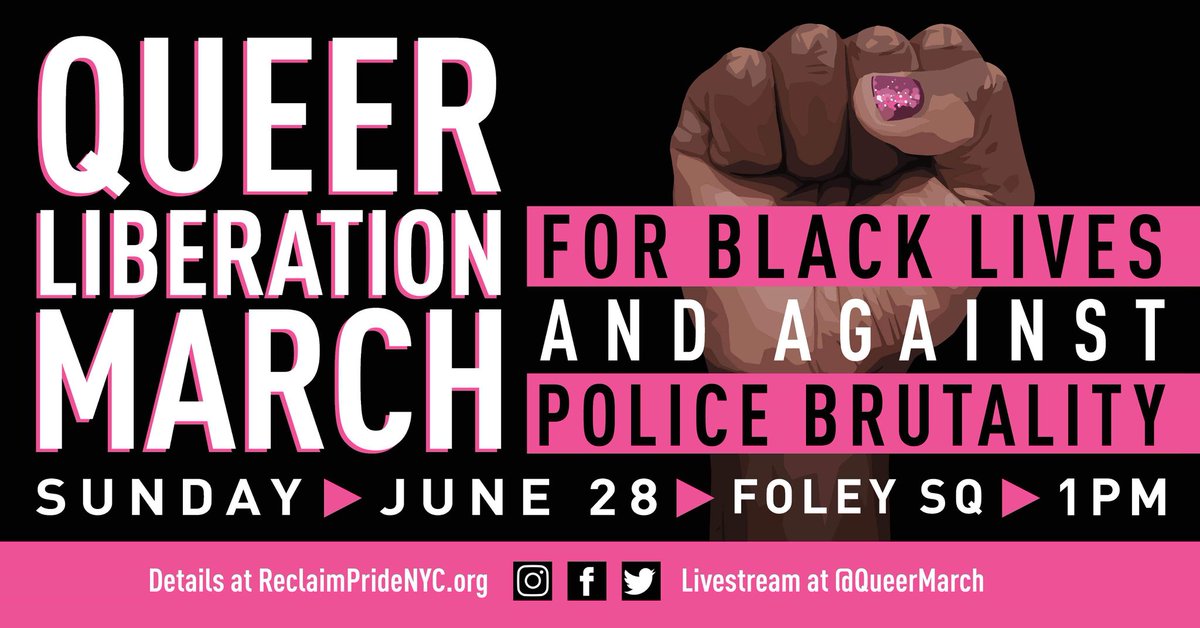 queermarch's tweet photo. THIS SUNDAY. No cops. No corporations. No permits. NO BS. Join us to reclaim the roots of pride and center the fight for Black lives and against police brutality. #QueerLiberationMarch https://t.co/F1ggjQX1OM