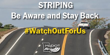 MoDOT_Southwest's tweet photo. We're striping today on these routes:
- #GreeneCo on US 60
- #TaneyCo on MO 465
- #StoneCo on RT DD and RT OO
MoDOT crews have a striping schedule that they follow. Watch for slow-moving equipment and give them plenty of room. #MoDOTSW #WatchOutForUs https://t.co/tdLJ9OSv8T