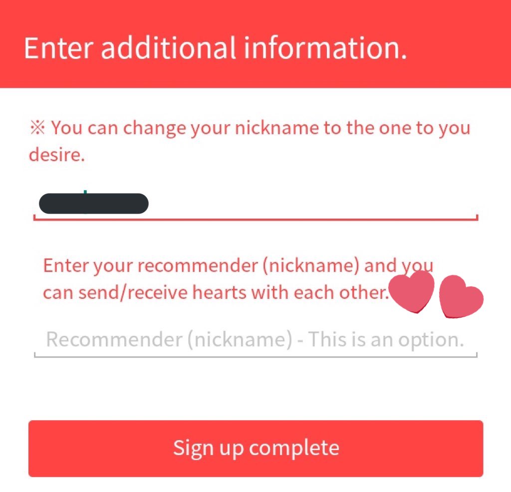 5. Bonus invite temen (+1000)kalo temen kita ada yang pake nickname kita sbg recommender setelah install dan sign up choeaedol, kita bisa dapetin bonus 1000 hearts.