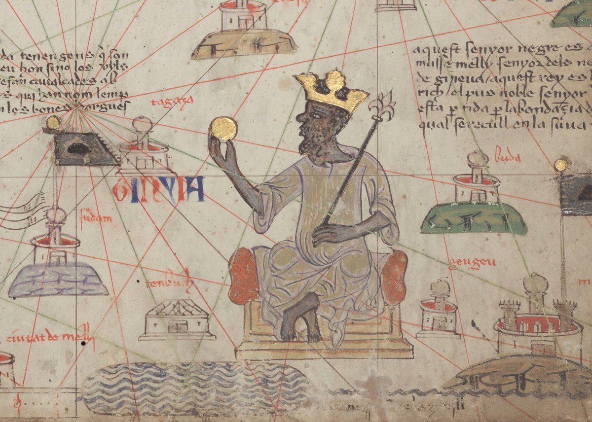 Mansa Musa was so famous that he was depicted on this map of the world made by a 14th century Spanish cartographer. He sits on a throne draped with silk, holding a golden nugget, gold being the main source of his immense wealth.
