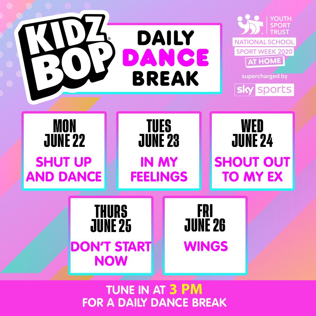 🎉 Dance all week with The KIDZ BOP Kids! Join us, as we take part in @youthsporttrust National School Sport Week at Home #NSSWtogether live on YouTube bit.ly/yst_dance1