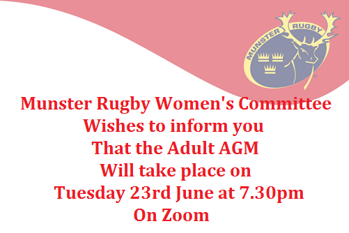 MunsterWomen's tweet photo. Dear Clubs. The Adult AGM will take place on Tuesday 23rd at 7.30pm.

Due to the new format of the AGM please forward any queries, comments or suggestions in advance of the meeting. to munsterrugbywomenscommittee@gmail.com https://t.co/nfP7NfGKXQ