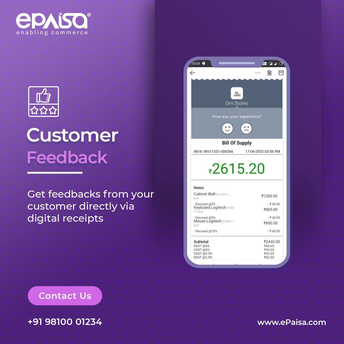 myePaisa's tweet photo. Customer feedback is an effective way to improve your services. You can send the customer feedback anytime along with the digital receipts and keep them engaged.
#CustomerFeeback #Customercentric #pos #Retail #SME #GoDigital #India #ePaisa https://t.co/f7RUhsuayn
