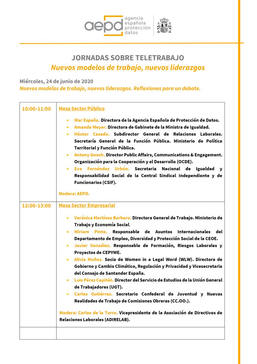 AEPD_es's tweet photo. No te pierdas las jornadas online sobre #teletrabajo que organiza la Agencia ⤵

🗓 Miércoles 24/6
🕙 10h Sector Público: https://t.co/EICFFoxdT9
🕛 12h Sector Empresarial: https://t.co/BFLb0Qk54y 

🗓 Viernes 26/6
🕚 11:30h Experiencias prácticas: https://t.co/4F2hQVT13v https://t.co/vmBvnlTyIS