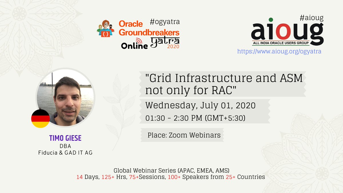 Please give a huge welcome to Timo Giese @mbe7 @fiducia_gad #aioug #OGYatra #Speaker @oracleace @groundbreakers @oracleugs @aioug @Oracle @OracleDevs @Oracle_India #Oracle #oracleusers #OracleDatabase #HighAvailability #Oracle #DBAs #MAA