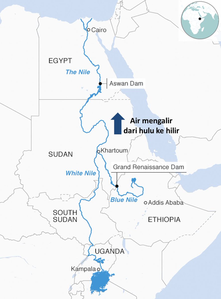 OK, benda bagus kan. So apa masalahnya?Masalahnya GERD ni pakai air Sungai Nil Biru (Blue Nile), salah satu batang (tributary) Sungai Nil. Sungai Nil pula adalah sumber air utama Mesir.