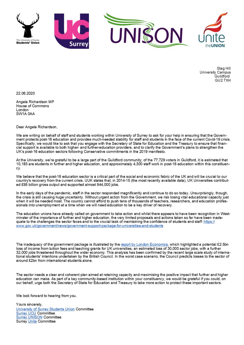 Open Letter to Guildford MP co-signed by all campus unions. 'The sector needs a clear and coherent plan aimed at retaining capacity and maximising the positive impact that further and higher education can make'. surrey-ucu.org.uk/category/news/ @ucusurrey @SurreyUnion @unis_unison @ucu