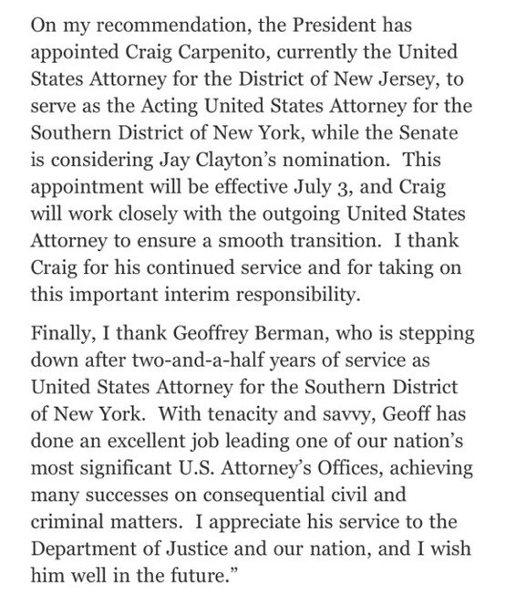 3. Second, Barr's Friday night statement—in his own words—is affirmatively misleading. Leaving aside Carpenito (more on him in a moment), the statement claimed that Berman was "stepping down," even though Barr (1) knew he wasn't; and (2) lacked the power to fire him directly.