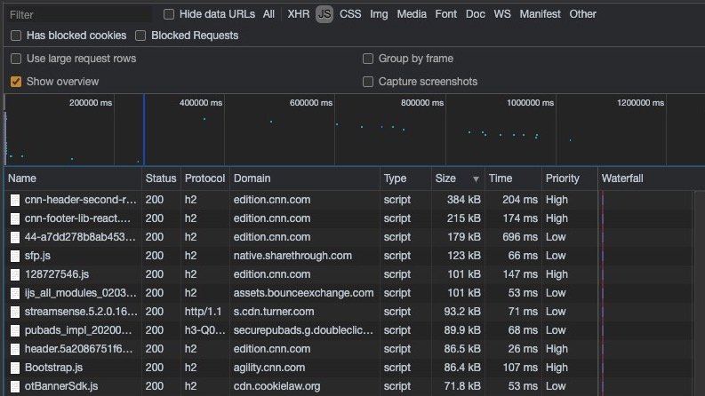 In the filter at the top choose JS.Sorting by size and time will show you the largest and slowest scripts on your site.Sorting by priority will highlight the priority set out by any resource hints. Info about priorities can be found here  https://developers.google.com/web/fundamentals/performance/resource-prioritization#default_priorities_in_the_browser