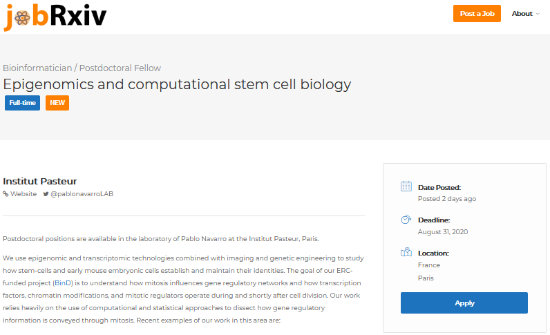 jobRxiv's tweet photo. #ScienceJobs:
Epigenomics and computational stem cell biology with @pablonavarroLAB
Institut Pasteur, Paris, France
https://t.co/6LnrfKsvUv
#Postdoc #epigenetics, #transcriptionfactors, #stemcells, #chromatin, #EScells, #mitosis, #cellcycle, #ERC https://t.co/IAhd9SnomG
