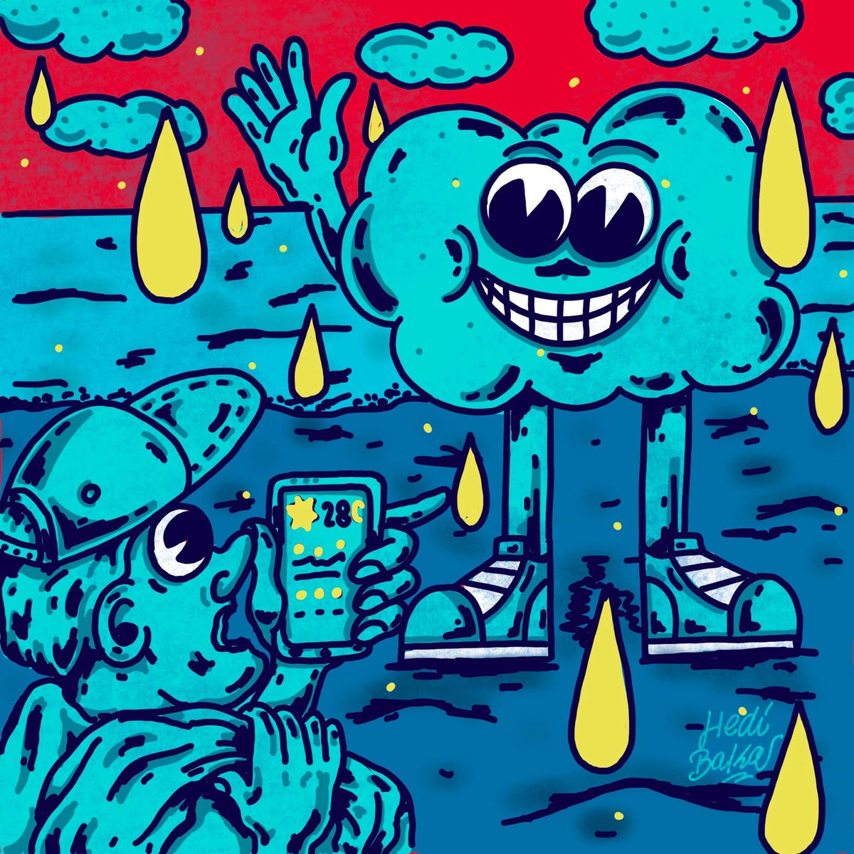 A caricature of a blue man in a cap bottom right, with big eyes and looking like he is gasping, checking his phone's weather app (which says 28 degrees). Amidst a red sky of blue clouds, we see a blue cloud with legs, trainers and hands waving into the sky, smiling a full set of teeth at the man in the cap.