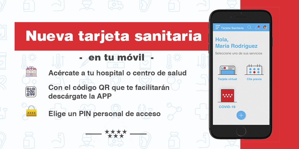 Comunidad de Madrid on Twitter: "📲 Con esta nueva tarjeta sanitaria  podrás: 👉 Recoger la medicación en la farmacia. 👉 Pedir cita con el  médico dónde y cuándo quieras. 👉 Acceder al