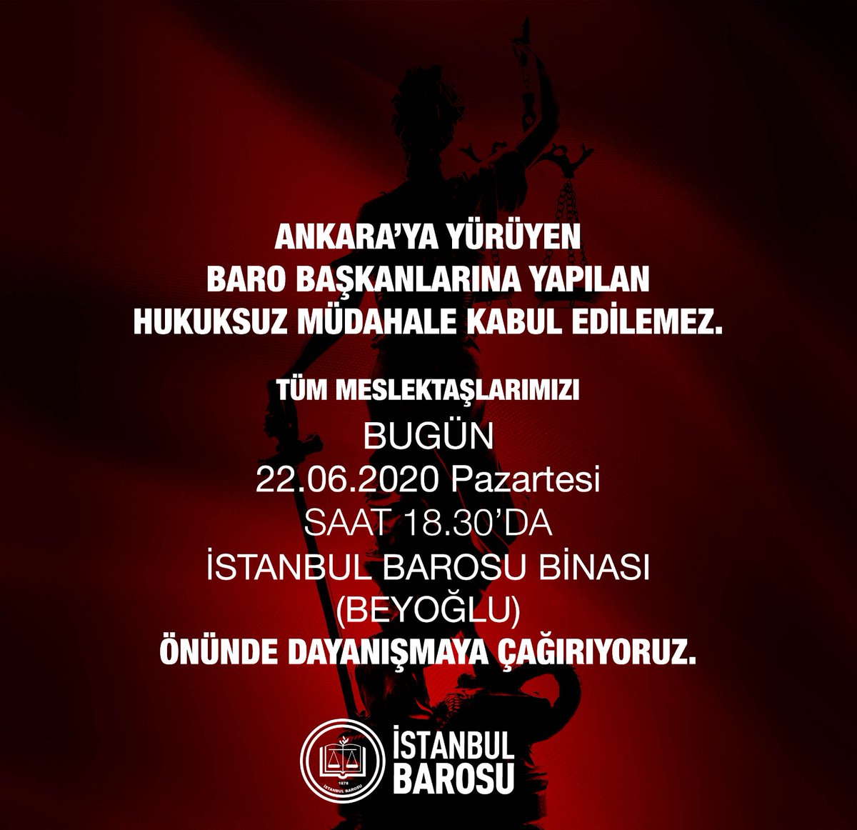 Ankara'ya yürüyen Baro Başkanlarına yapılan hukuksuz müdahale kabul edilemez! Tüm meslektaşlarımızı bugün saat 18.30'da İstanbul Barosu Binası önünde dayanışmaya çağırıyoruz. #SavunmaDurdurulamaz