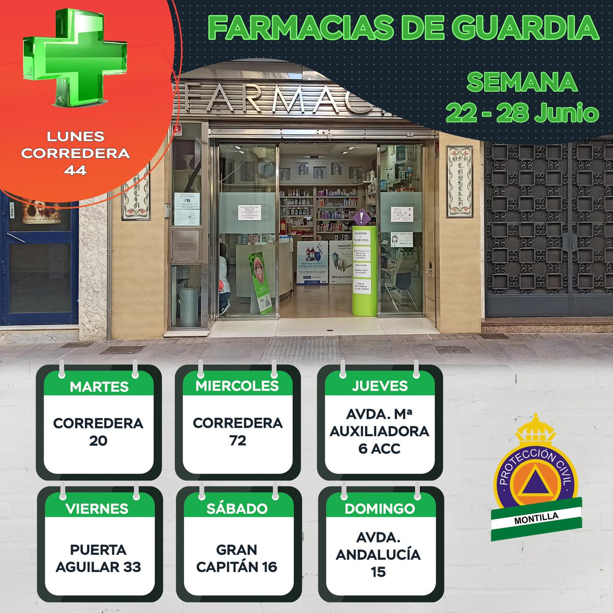 🔽🔽🔽 Farmacias de guardia 🔽🔽🔽
Semana del 22 al 28 de junio.
.
🟠 Infórmate
✅ Comparte
.
.
#proteccioncivil #voluntarios #farmacia #farmaciasdeguardia #Montilla #junio #likes #followers #instagram #f #divulga #followme #instagood #comparte