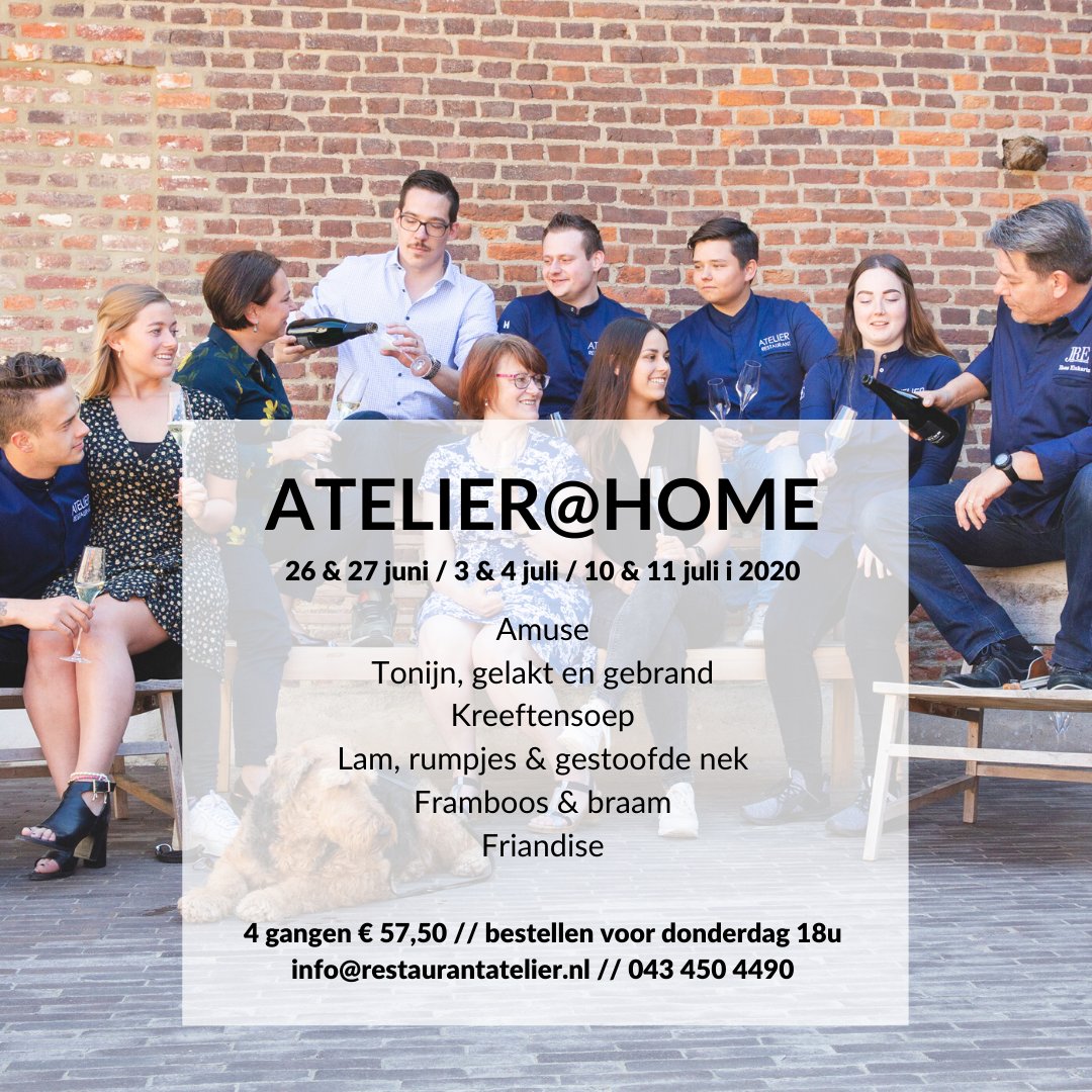Thuis genieten? De komende weken serveren wij het volgende 4-gangen 'Atelier@Home' menu. Bestellen kan (tot donderdag 18u) via info@restaurantatelier.nl of +31 (0)43 450 4490. #takeaway #gastronomie #gulpen #heuvelland