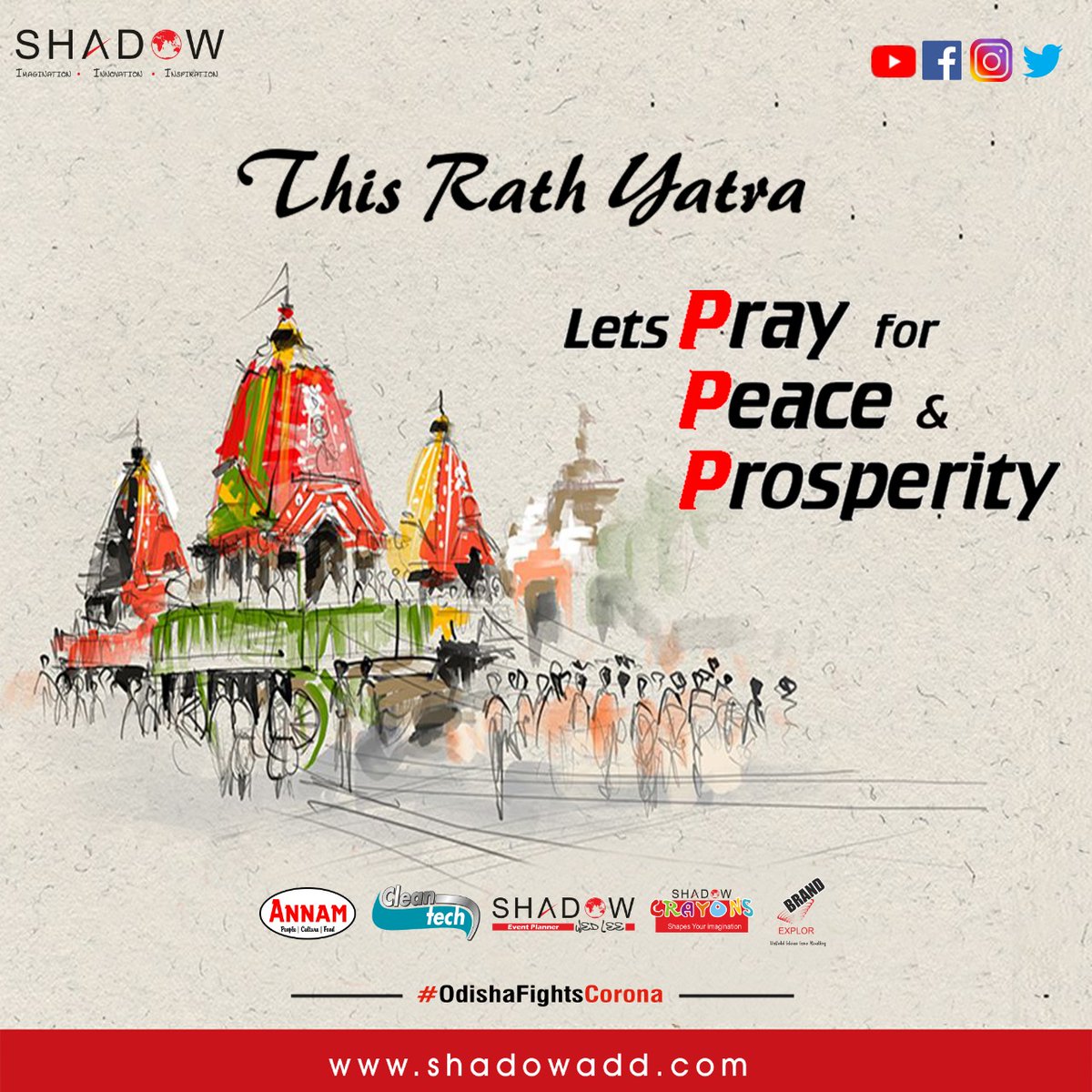 Shadow_Advt_Com's tweet photo. This #Rathyatra, let's Pray for #Peace & #Prosperity
#HappyRathyatra - Team SHADOW
https://t.co/jfLhKQa9yS
#RathYatra2020 #LordJagannath #ShadowAdvertising #ShadowWedlee #CleantechServices #ANNAM #Bhubaneswar #Odisha https://t.co/VrkdaVKdDj
