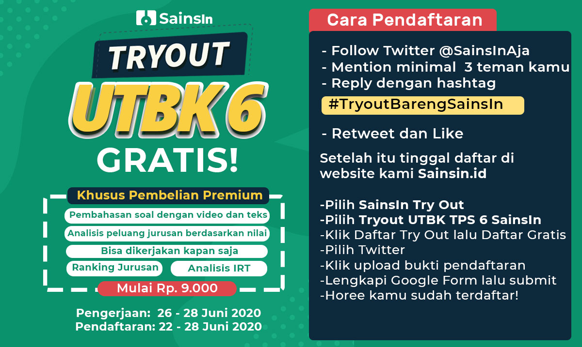 sainsinaja's tweet photo. 🔥Tryout UTBK 6 SainsIn DIBUKA GRATIS🔥

Cara Pendaftaran GRATIS:
- Follow Twitter @sainsinaja 
- Mention 3 teman kamu &amp; reply dengan hastag #TryoutBarengSainsIn
-Retweet dan Like

-Login atau daftar di https://t.co/kMBIDdoKuV 

Dapatkan fitur tambahan dengan pendaftaran premium https://t.co/eA9ifsrQ8D