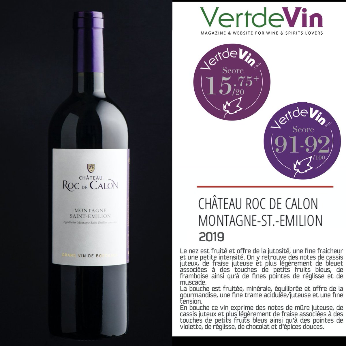 RocdeCalon's tweet photo. Chateau Roc de Calon 2019 noté 15,75+ / 20 par @Vertdevin ! 🍇🍷
La séquence #Primeurs2019 est un véritable succès pour nous ! Merci beaucoup 🙏
#MondayMotivation #proud #wine #winetasting #Vinrouge #Degustation #vin #RocdeCalon https://t.co/X1EBXKnHpb