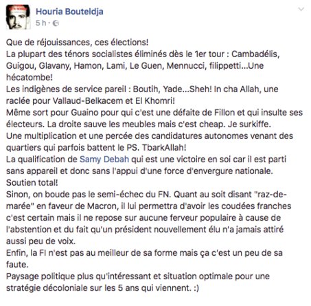 Certains ont même apporté leur soutien au candidat Debah. Ainsi de Houria Bouteldja du Parti des Indigènes de la République qui se réjouit de sa qualification au 2nd tour des législatives 2017 qu’elle inscrit ds sa stratégie décoloniale  https://cutt.ly/XuBdrGW 