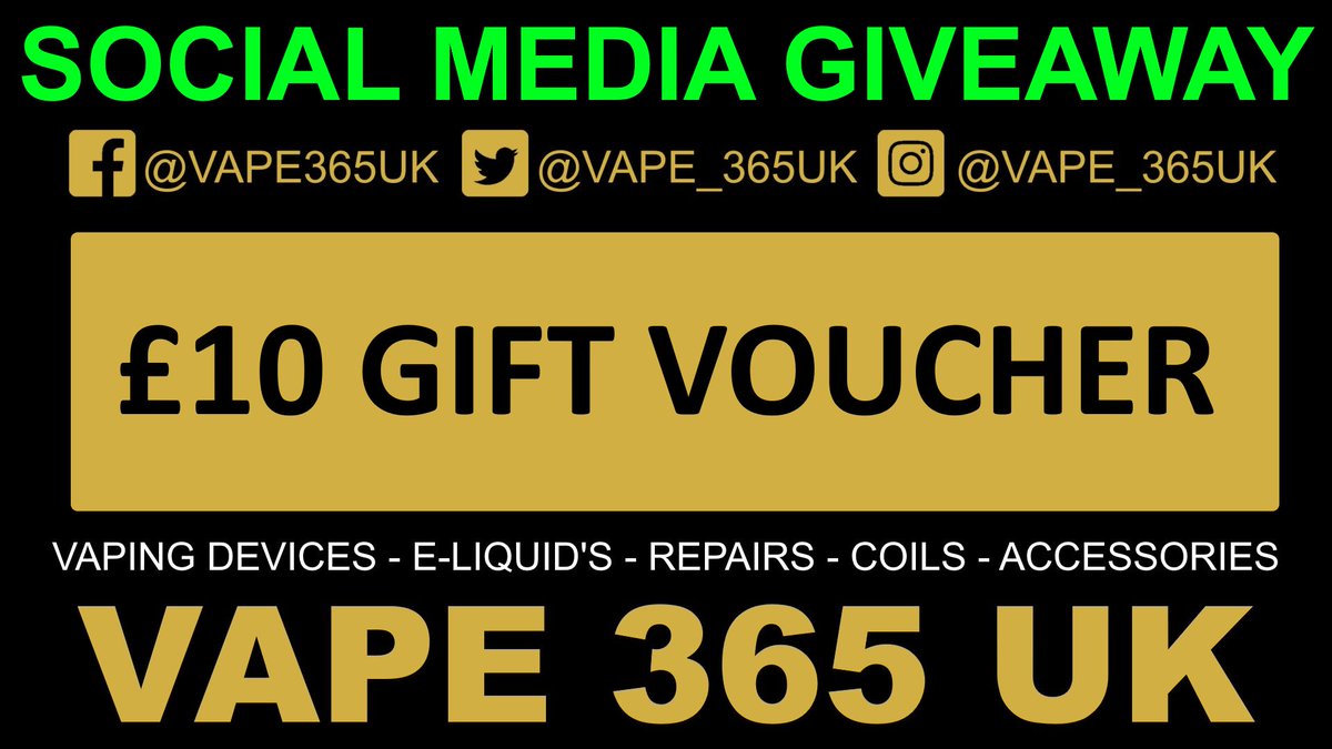 🎁COMPETITION🎁

FREE VAPE 365 £10 GIFT VOUCHER

All you have to do is...

1. Follow us on Twitter
2. Like this Tweet
3. Retweet this Tweet

Visit Facebook &amp; Instagram for more entries

Ends at 4pm Fri 22nd Jun.  Winner will be drawn at random

#Vape #Vaping #Stockport #Hyde