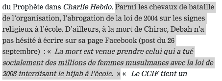 Dans la droite ligne des positions du CCIF, Debah fustige la loi de 2004 sur les signes religieux à l’école et n’a pas manqué de donner un éloge funèbre détonant à la mort de Chirac, président à l’époque du vote de cette loi. https://charliehebdo.fr/2020/02/politique/municipales-garges-les-gonesse-islam-politique-bientot-mairie-reportage-elections/