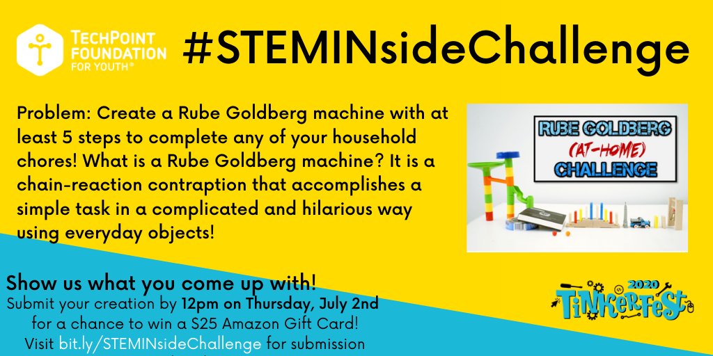 TechPointYouth's tweet photo. The new #STEMINsideChallenge is the Rube Goldberg (At-Home) Challenge!
🔷Build a Rube Goldberg with at least 5 steps
🔷Must submit by Thursday, July 2nd to be considered
🔷Must be a 1st-12th grade student in #Indiana
Learn more here- https://t.co/zPt1wri3V3
#STEM https://t.co/umfXFYZ1hU