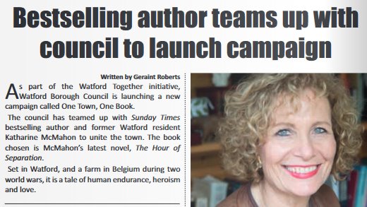 ShakespeareLisa's tweet photo. 'Make #TheHourofSeparation your midsummer read, and join in!' Watford News magazine on @WatfordCouncil's One Town, One Book with @kmcmahonauthor, more at https://t.co/yY3Azf3Iug https://t.co/KZylRZQFnn