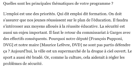 Face B: Un discours de campagne cohérent et centré uniquement sur les enjeux locaux. https://www.leparisien.fr/val-d-oise-95/a-garges-les-gonesse-samy-debah-veut-renouveler-la-classe-politique-28-03-2019-8041959.php