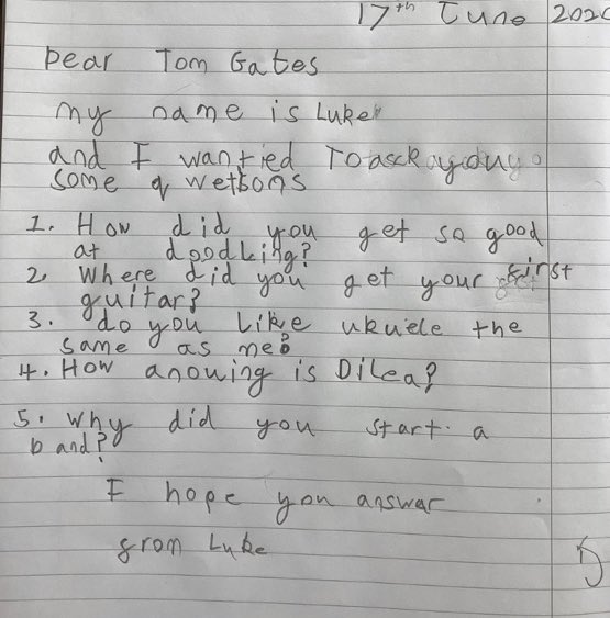 Year3_WLPS's tweet photo. Hi @LizPichon . As part of home learning this week, Luke chose to write to Tom Gates asking a few questions. He’d love it if you could take a look- he’s worked so hard! #tomgates #favouritebookcharacter https://t.co/Dvk8L1CeEt