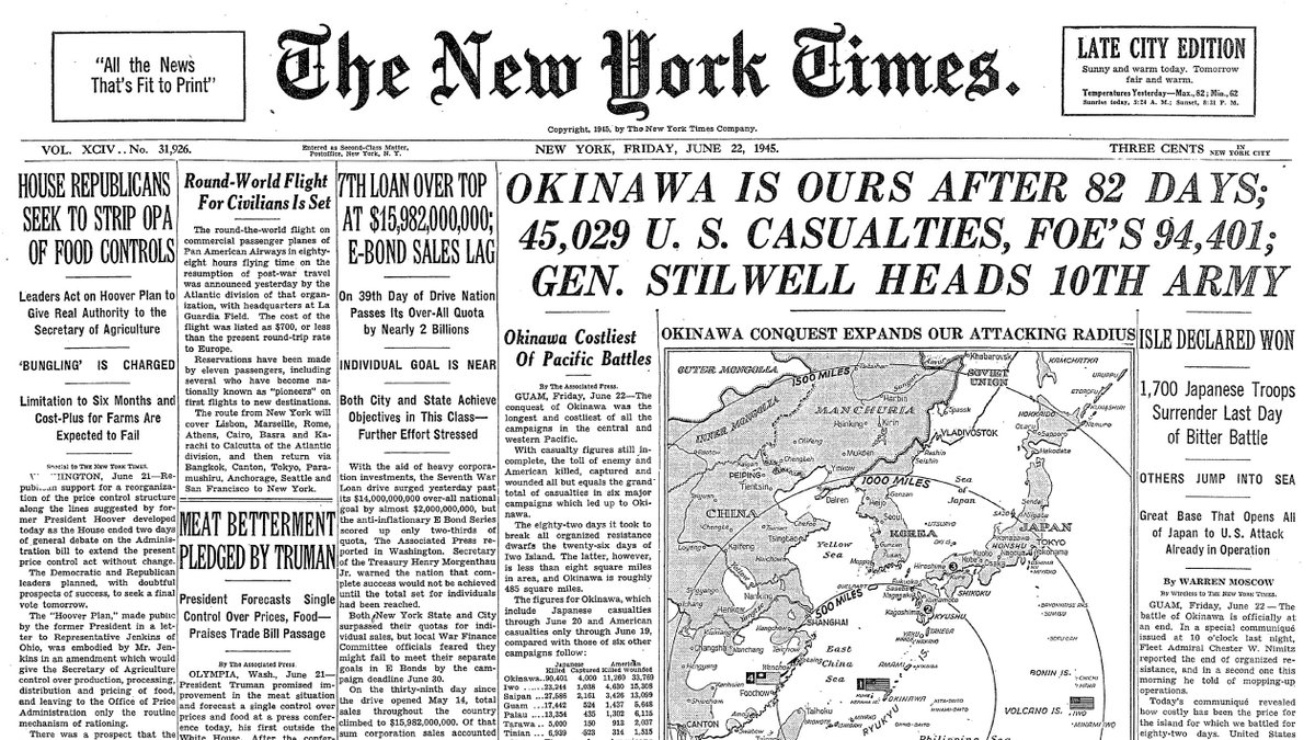 June 22, 1945: Okinawa is Ours After 82 Days; 45,029 U. S. Casualties, Foe's 94,401; Gen. Stilwell Heads 10th Army  https://nyti.ms/3199KiD 