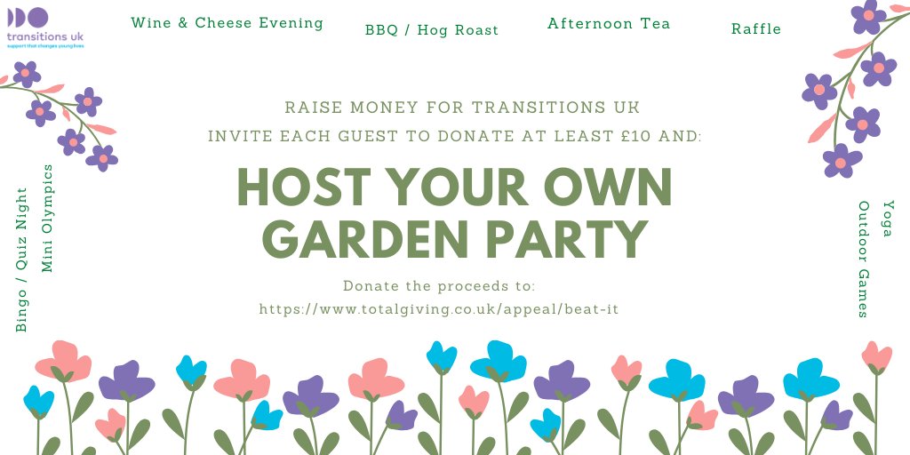 Transitions_UK's tweet photo. 🍃 We invite you to organise your own #gardenparty to #raisemoney for TUK! 👏
Invite each guest to #donate at least £10 and hold a fun evening!
Donate the proceeds from your garden party by visiting our #TotalGiving Page: https://t.co/gp3Dy70r5d https://t.co/WBCTyRynM4