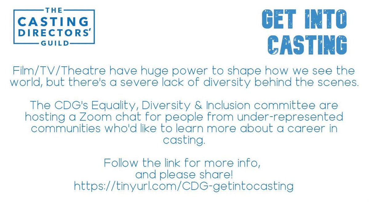 Film/TV/Theatre have huge power to shape how we see the world,but there’s a severe lack of diversity behind the scenes. We are hosting a Zoom chat for people from under-represented communities who’d like to learn more about a career in casting: tinyurl.com/CDG-getintocas… Pls share!