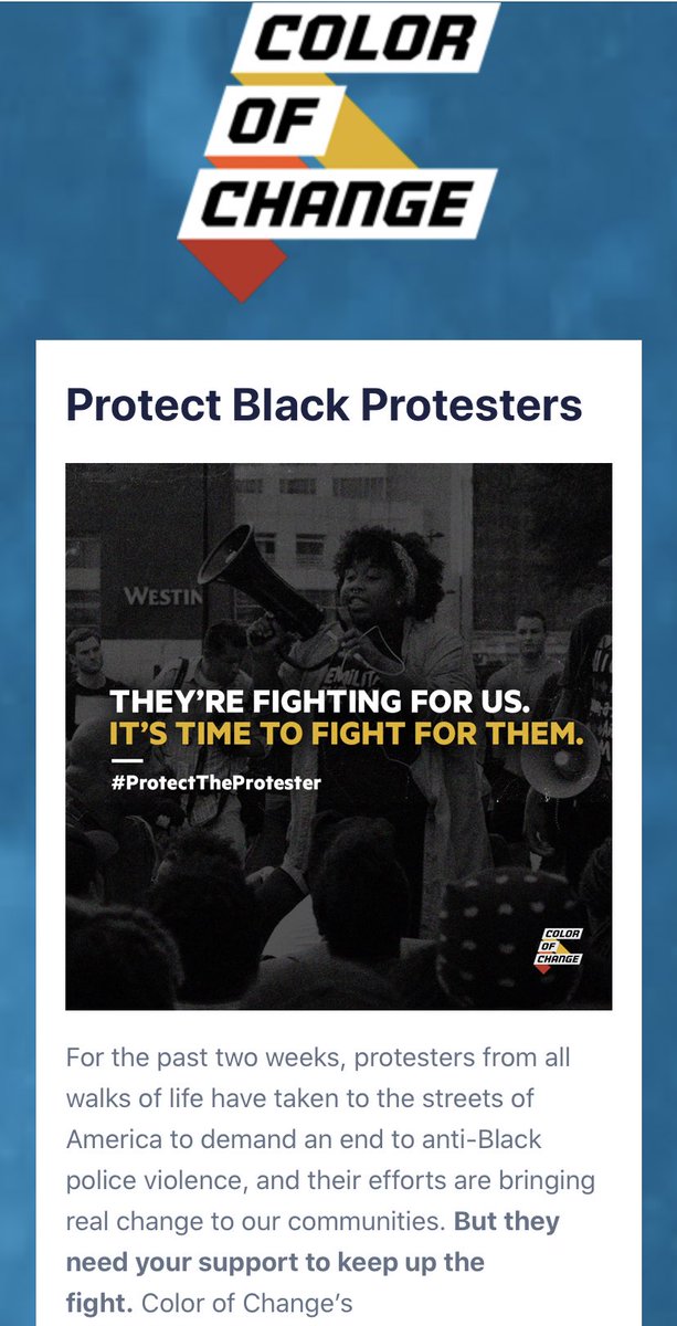 Today,  @actblue emailed their entire list serve with a call the  #protecttheprotestor.The email and the website supporting  @ColorOfChange’s fundraiser has my face clearly displayed in this graphic: