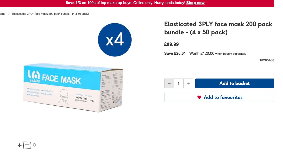 AFAICT, you can now buy medical quality surgical masks from Boots (biggest UK pharmacy) for 50p each.  https://www.boots.com/lyncmed-disposable-face-masks-bundle1-10285400