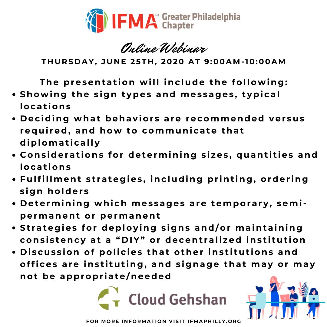 This Thursday, June 26th, 2020, IFMA Philly is hosting an online webinar "Back to the Office Amid COVID-19", presented by a representative of Cloud Gehshan! 

For more information about the event and registration, visit ifmaphilly.org