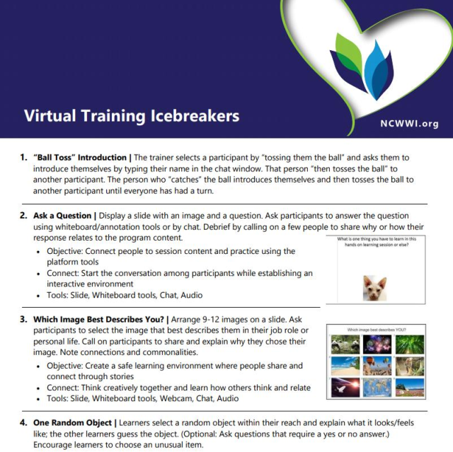 LarkinRecruits's tweet photo. Running of our ideas to start your virtual meetings? Check out 10 virtual icebreaker exercises shared by the National Child Welfare Workforce Institute. #VirtualMeetings #Icebreakers #Leadership via @NCWWI #ThisIsICF https://t.co/yMbbpVIo9h https://t.co/E1kT5AkVSS