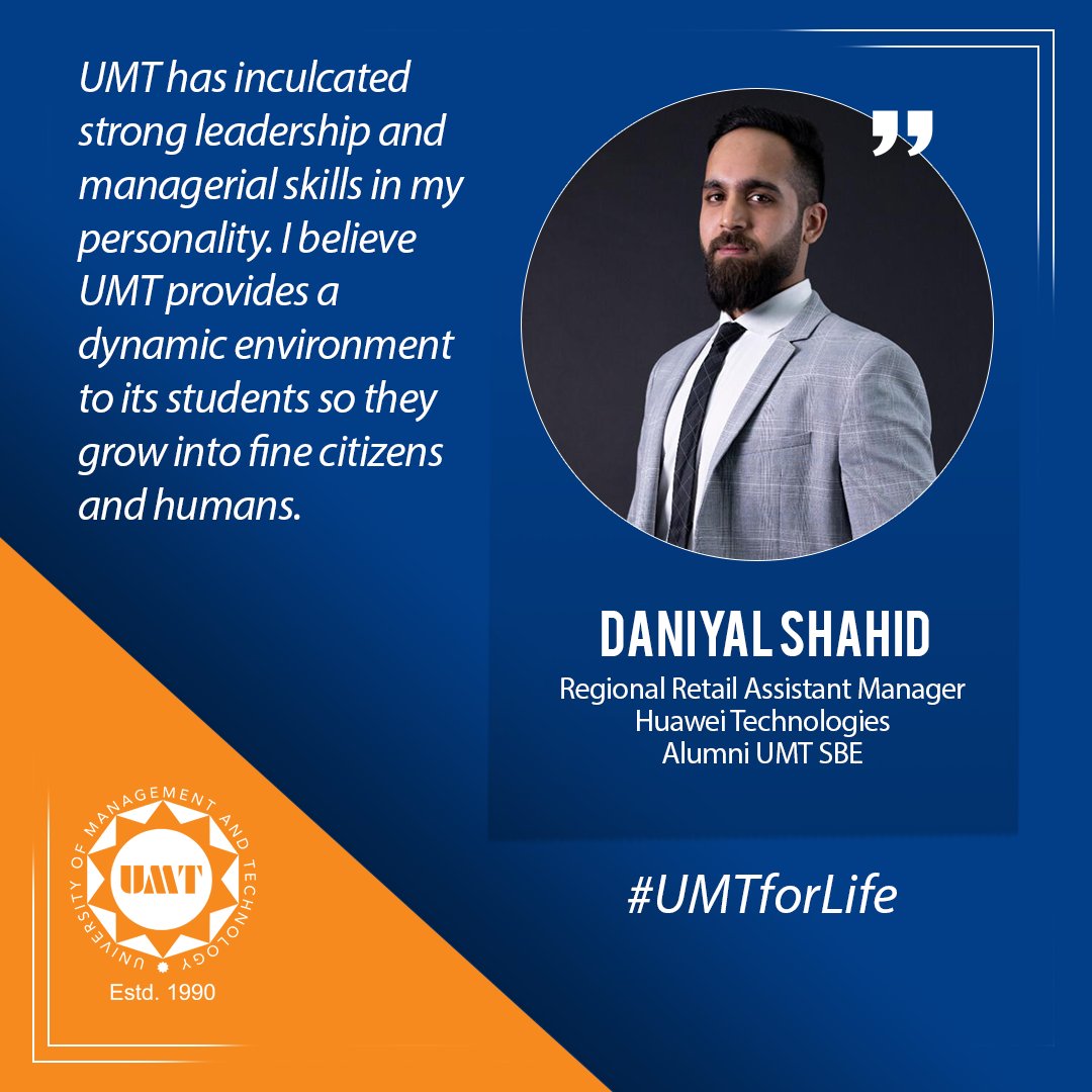 UMTOfficial's tweet photo. “I believe UMT provides a dynamic environment to its students so they grow into fine citizens and humans.”

 - Daniyal Shahid, Class of 2016 · BBA (Hons)

#myUMT #UMTforLife #UMTAlumni https://t.co/q2BDyIRM98