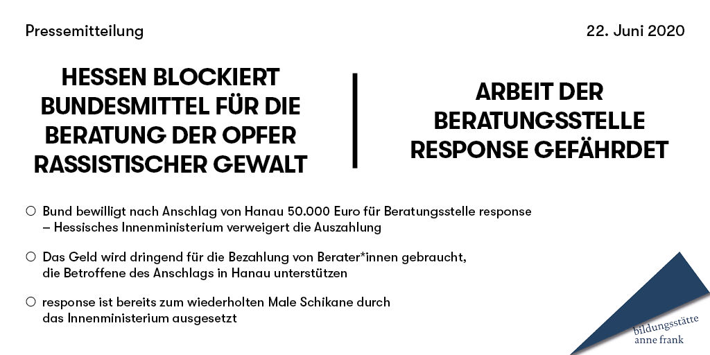 ResponseHessen's tweet photo. „Es liegt ein grundsätzlicher Konstruktionsfehler in der Förderpolitik des Landes vor, wenn das Innenministerium durch Einfluss auf unsere Beratungsarbeit versucht, die Betroffenen rechter Gewalt zum Schweigen zu bringen“, so @olivia_sarma

Zur ganzen PM: https://t.co/7lEYRdcxPL https://t.co/ckyeL8M4wa