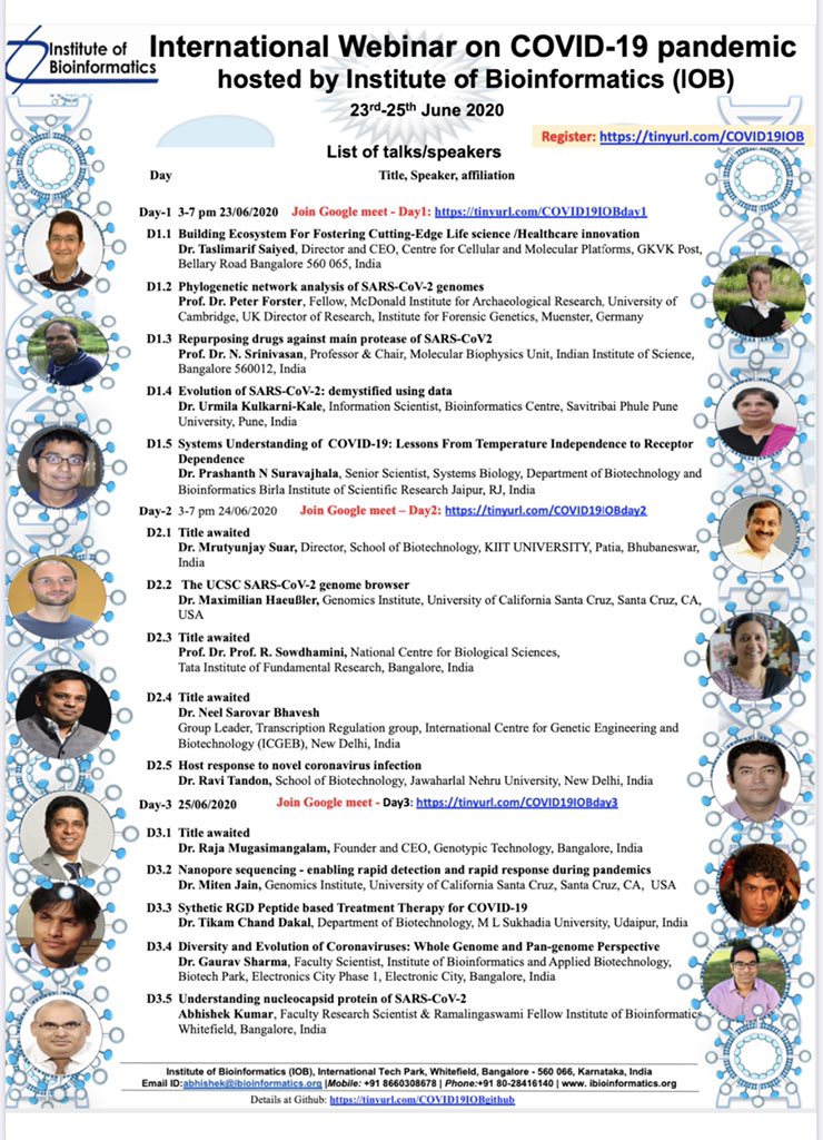 Looking forward to exciting talks on #SARSCoV2 #reserch in the International Webinar on #Covid_19 hosted by Institute of Bioinformatics|June 23-25, 2020| tinyurl.com/COVID19IOB @tasleemarifk @neelbs @ChandDakal @prashbio @NGS_microarray @sharmaG30 @Bioinfo_Pune @_SPPU