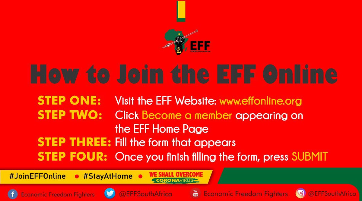 EFFSouthAfrica's tweet photo. Become a member of the Economic Freedom Fighters. 

Join online via the EFF Website: https://t.co/X2wosDylU6 https://t.co/lVfPqCEbZ2