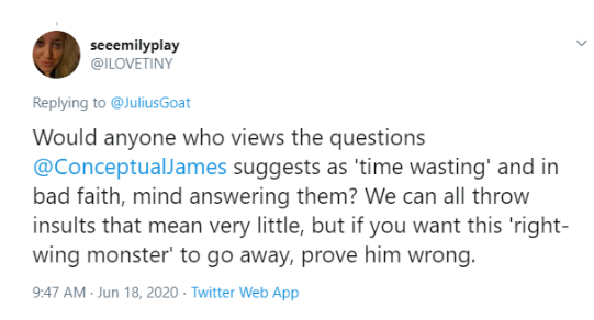 I didn't say "right wing monster," and this person knows it.And James Lindsay doesn't believe that the best way to address somebody's points is by engaging with them honestly, nor does anybody defending him. We know that.We already KNOW that.Bad faith.