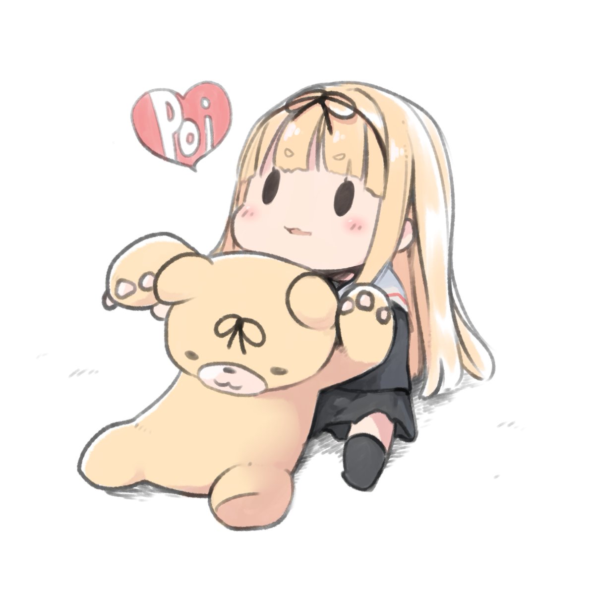 yuudachi (kancolle) 1girl stuffed toy stuffed animal blonde hair long hair teddy bear hair ribbon  illustration images