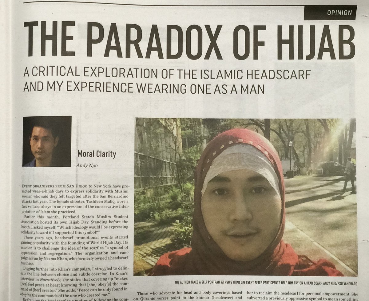As mentioned previously, Ngo has made a career out of vilifying Muslims at-large. For the uninitiated, here he is donning a headscarf in an apparent attempt to "critically explore" what it's like for a non-Muslim male to wear a hijab (which btw, men aren't expected to do )