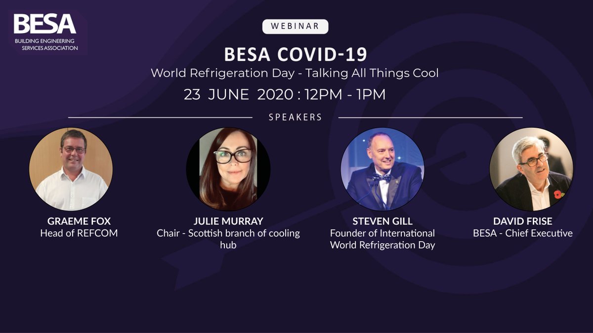 Join us for tomorrows #WREFD20 webinar - Hosted by @outsidewrecker4.

Discussing #WorldRefrigerationDay with @GraemeFoxREFCOM, and expert panel. 

<a href="/jules17m/">Julie Murray</a>, Chair, Scottish branch of cooling hub &amp; <a href="/Stephencgill/">Stephen Gill FRSA</a>, Founder of <a href="/WorldRefDay/">World Refrigeration Day</a>.

Register: ow.ly/PZKP50Ae8B8